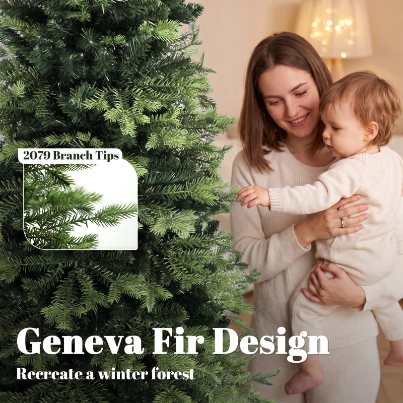 HOMCOM Geneva Fir Hinged Xmas Tree, 7ft/210cm Artificial Christmas Tree with 2079 Branch Tips, Foldable Steel Stand, Green