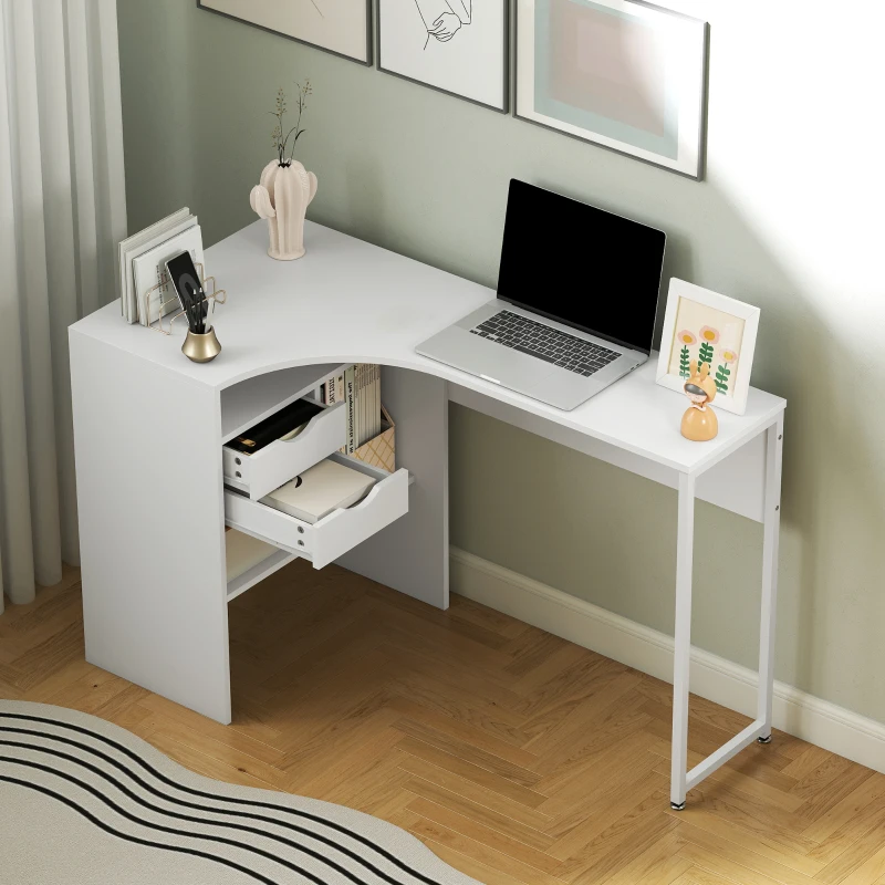 HOMCOM Bureau d'angle, bureau informatique avec 2 tiroirs et 3 compartiments ouverts, 120 x 60 x 74 cm, blanc