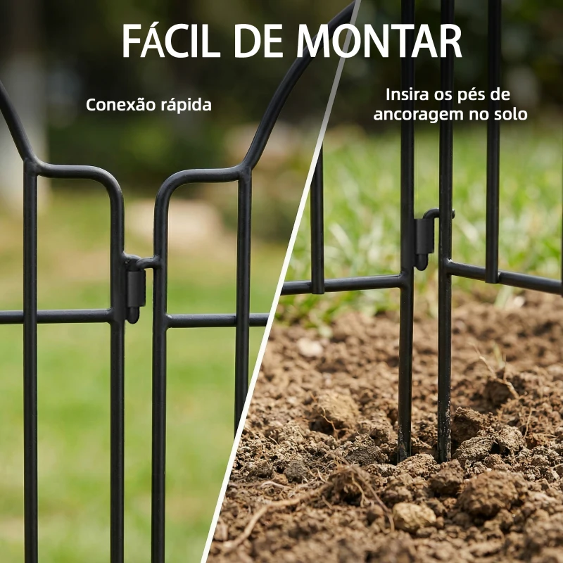 Outsunny Conjunto de 4 Cercas de Jardim Metálicas 125x57 cm com Design Arqueado Resistente e Fácil de Instalar para Pátio Relva Preto