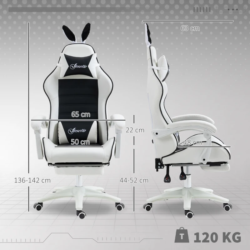 Vinsetto Cadeira Gaming Giratória de Couro PU com Altura Ajustável Inclinável 135° Apoio para a Cabeça 65x63x136-142 cm Branco e Preto