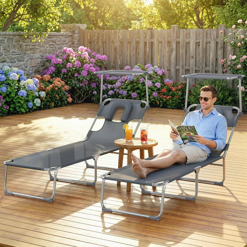 Outsunny Conjunto de 2 Espreguiçadeiras Dobráveis com Dossel 360° Encosto 5 Posições Orifício Facial 188x56x27 cm Cinza Escuro