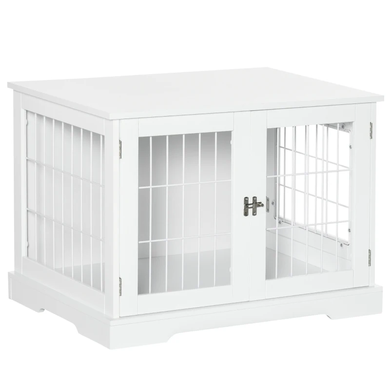 PawHut Gaiola para Cães Pequenos de Madeira 76x54,5x56cm Gaiola com Superfície de Mesa com 2 Portas e Grade de Aço Branco