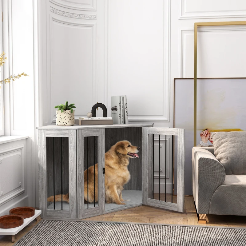 PawHut Dog Crate Furniture Side Table, with Cushion, 122 x 61 x 71cm - Grey