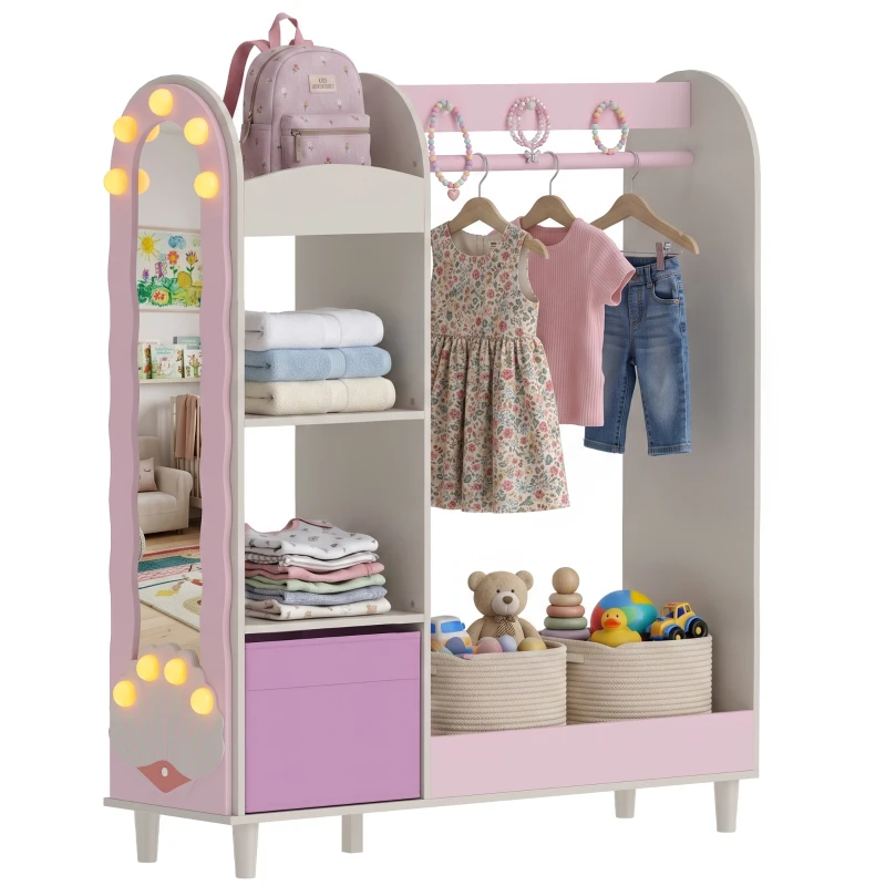 AIYAPLAY Kids Clothing Rack, Kids Wardrobe with Glowing Lights Mirror, Non-Woven Drawer and Shelves for Bedroom, Ages 3-8, Pink