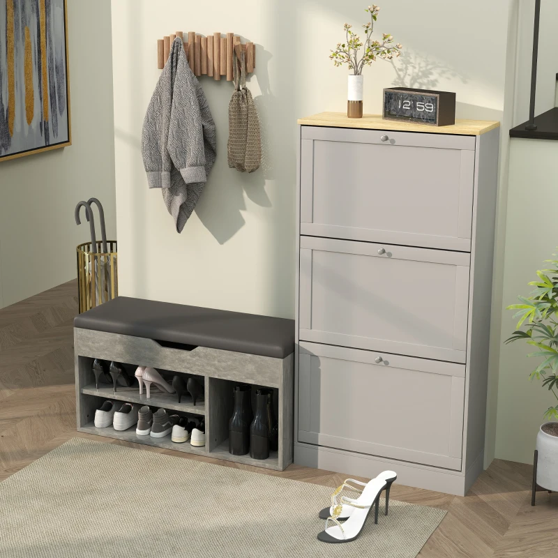HOMCOM Scarpiera Salvaspazio Imbottita a 3 Ripiani Aperti con Spazio a Scomparsa, in Legno, 80x30x45 cm, Nero e Grigio