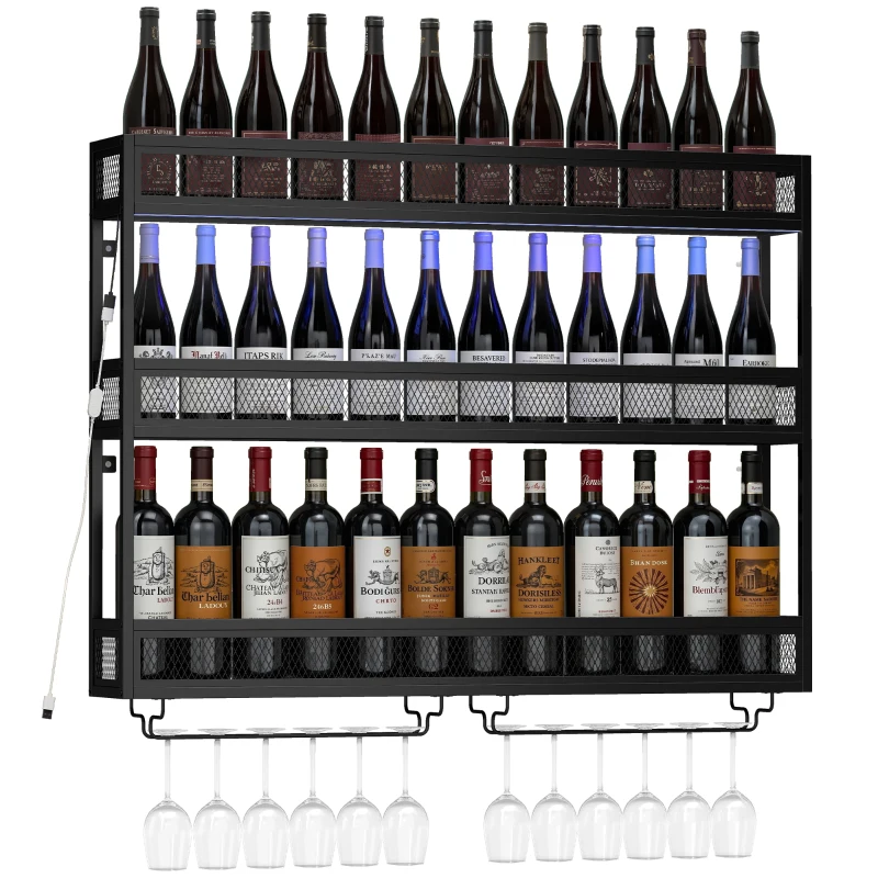 HOMCOM Wall-Mounted Wine Rack with LED Lights, Glass Holders, Open Shelf, Metal Storage Rack, Black