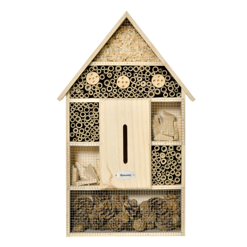 Outsunny Insektenhotel Insektenhaus mit 5 Etagen Metallgitter Bienenhotel aus natürlichen Materialien für Käfer Bienen Wespen und Schmetterlinge Kiefernholz Bambus Metall Naturholz 32 x 12,5 x 57 cm