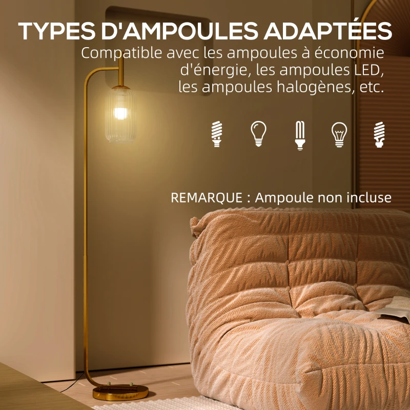 HOMCOM Lampadaire sur pied salon lampe sur pied avec abat-jour en verre texturé interrupteur à pied 29 x 25 x 152 cm métal or