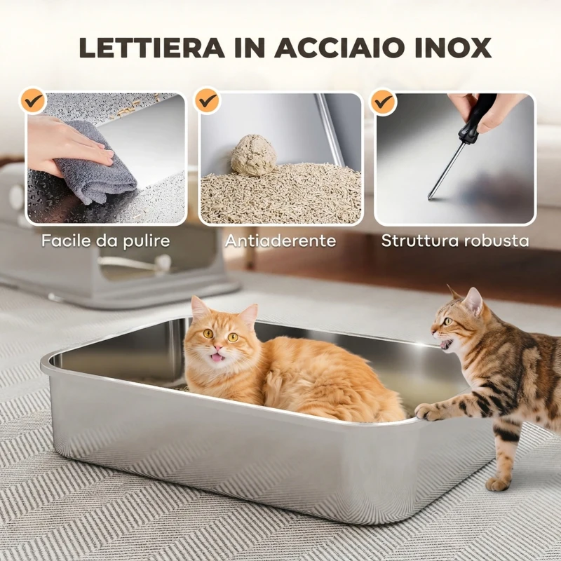 PawHut Lettiera per Gatti Chiusa XXL in Acciaio Inox, Coperchio Apribile a 90° e Doppie Porte, 70x50x46.5 cm, Grigio