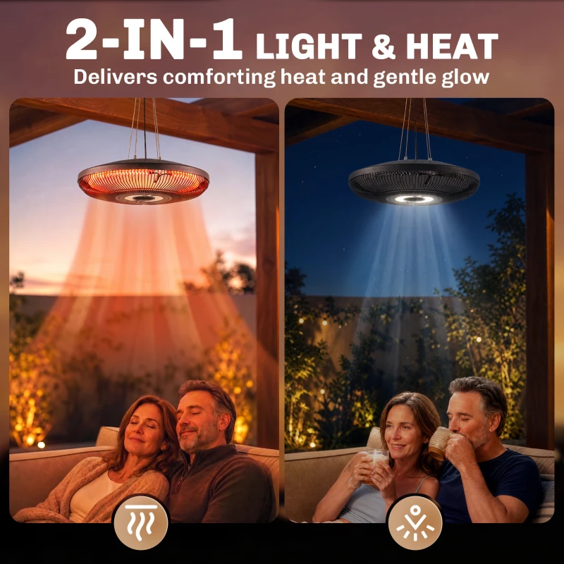 Outsunny Hanging Electric Patio Heater with LED Light, 1000/2000 W IP65 Outdoor Infrared Heater with Touch/Remote Control, Black