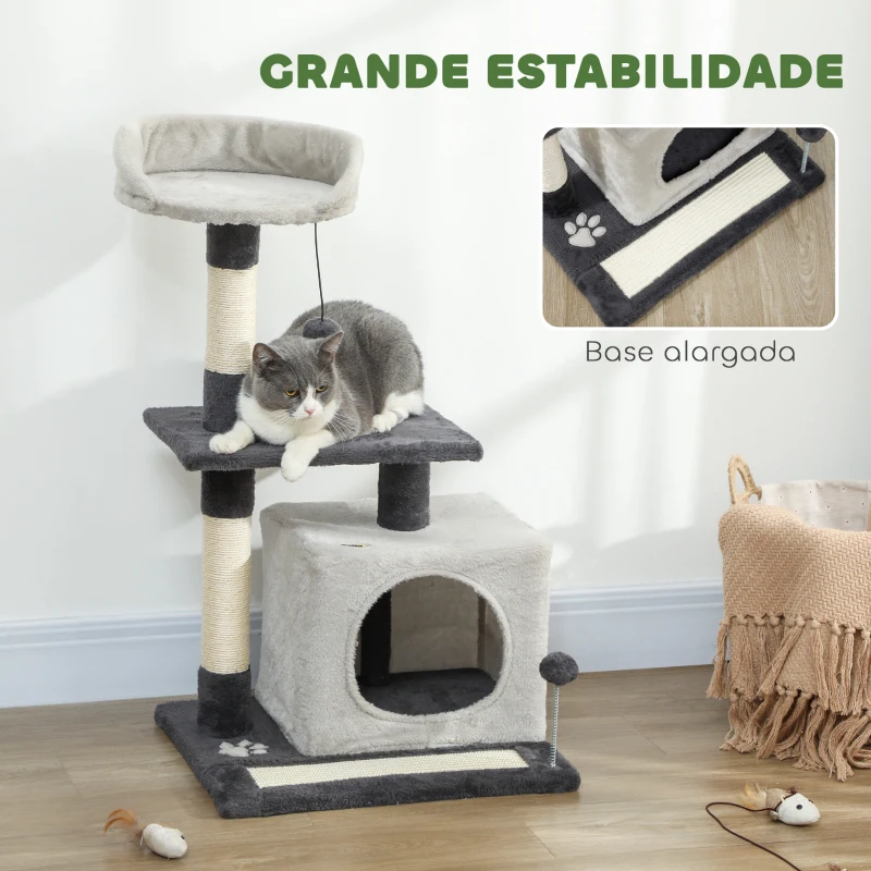 PawHut Arranhador para Gatos com Plataformas Caverna Postes Arranhadores Tapete de Sisal e Bolas 48x40x85 cm Cinzento Claro e Preto