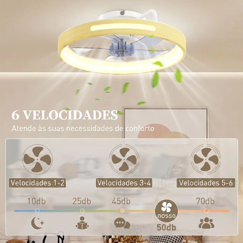 HOMCOM Ventilador de Teto com Luz LED 40 W Motor DC Reversível Comando 6 Velocidades 3 Cores Temporizador Madeira