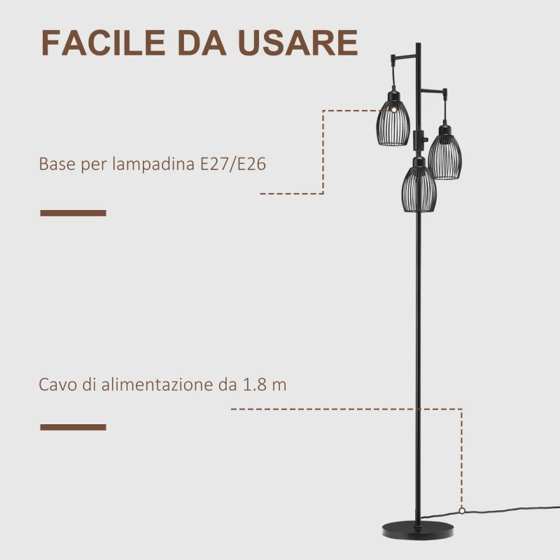 HOMCOM Lampada da Terra Industriale con 3 Paralumi e Intensità Regolabile, in Acciaio, 30x30x170.5 cm, Nero