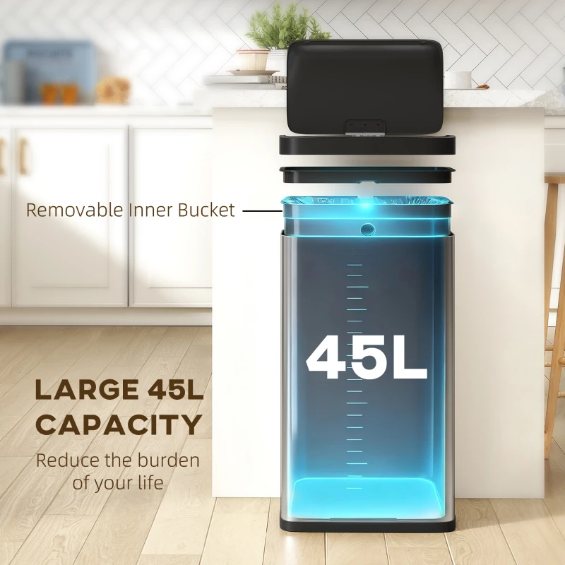 HOMCOM 45L Stainless Steel Sensor Bin - Silver Tone