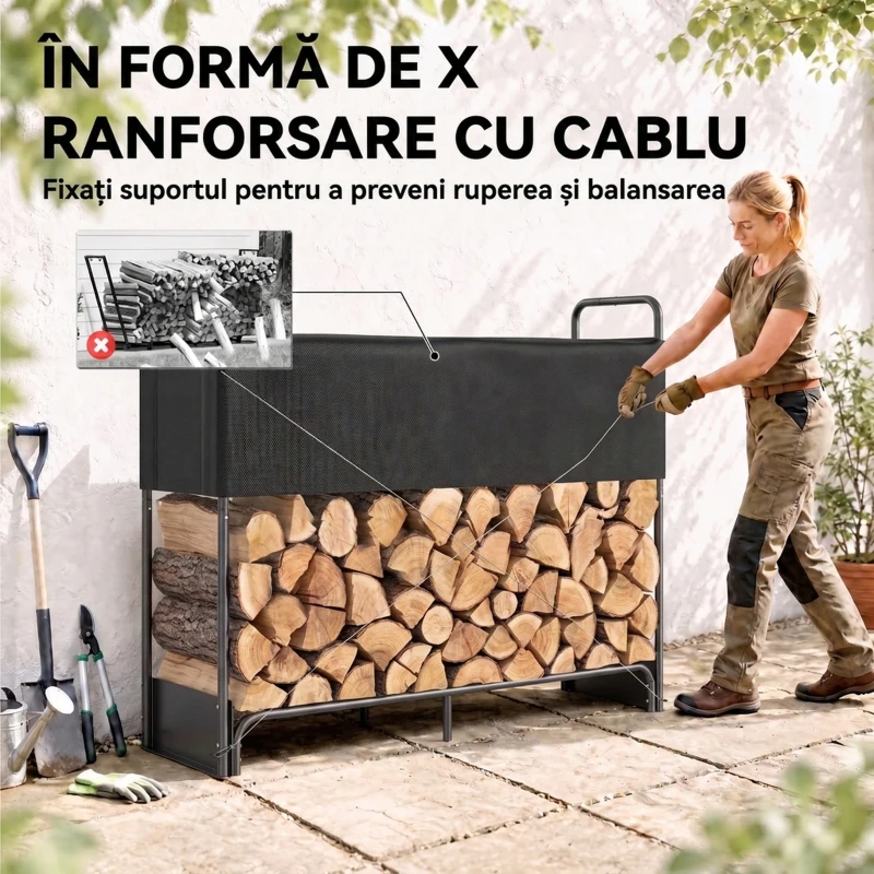 Outsunny Suport pentru Lemne de Foc pentru Interior și Exterior, Oțel Galvanizat cu Husă Oxford, 132x38x118 cm, Negru