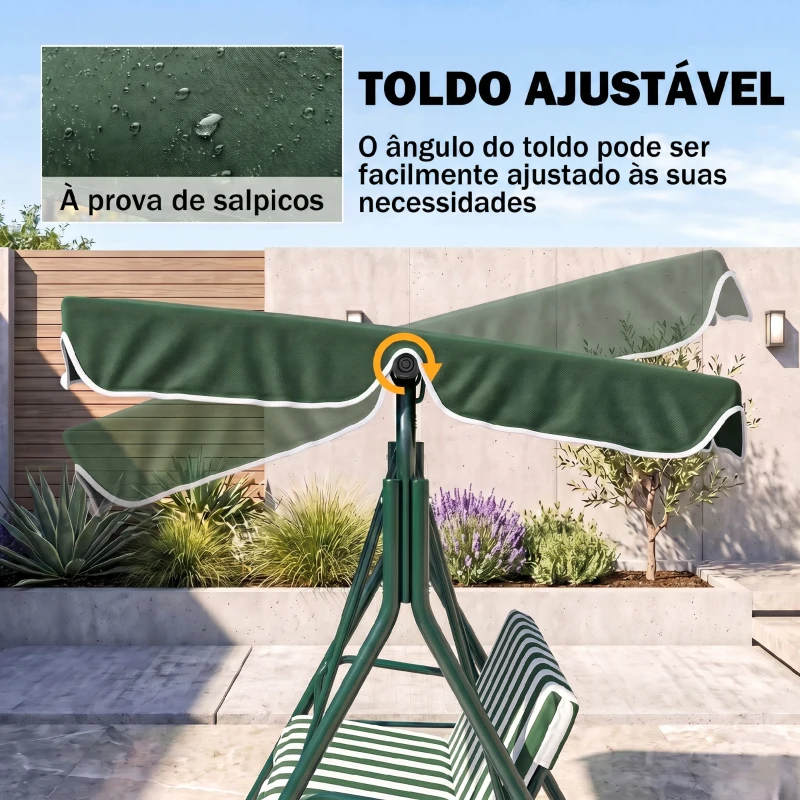 Outsunny Baloiço de Jardim de 3 Lugares com Almofada Toldo Ajustável e Estrutura de Metal 172x110x153cm Verde e Branco