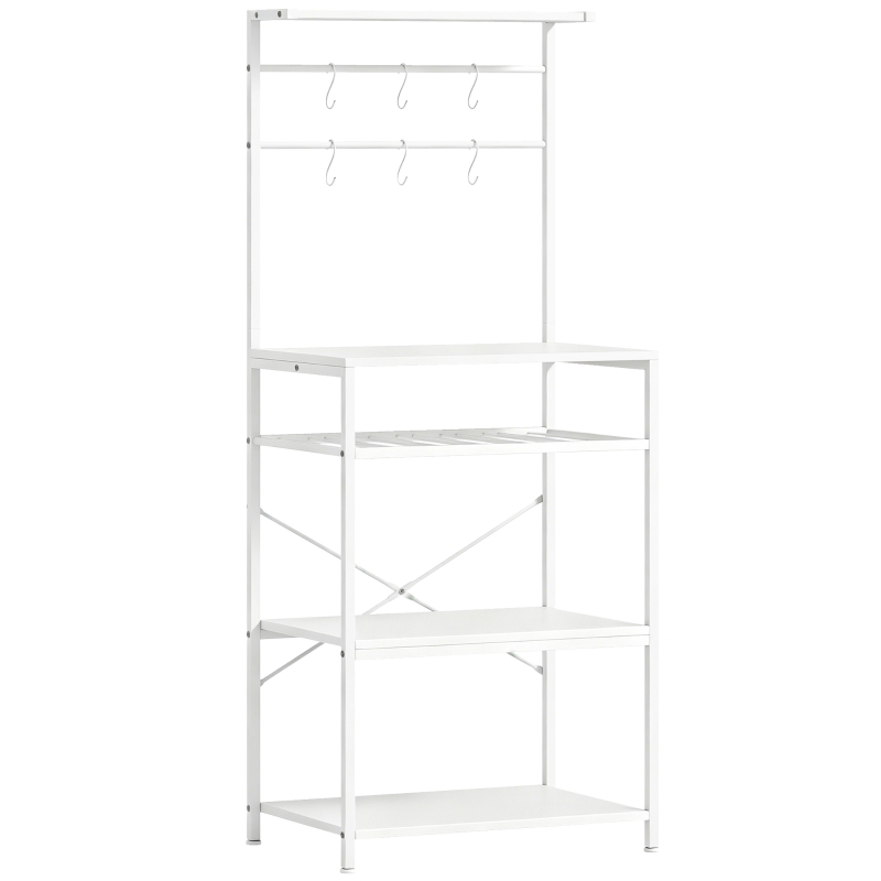 HOMCOM Freestanding Shelving Unit, Industrial Storage Shelf with 6 Hooks and Wine Rack for Living Room, Home Office, White