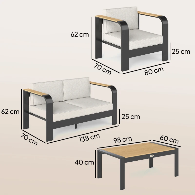 Outsunny Tuinmeubelset aluminium zitgroep voor 4 personen waterafstotend extra diep met 2-zitsbank, 2 fauteuils en bijzettafel