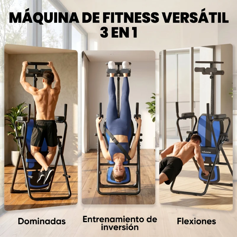 SPORTNOW Tabla de Inversión Plegable con Dominadas y Flexiones Altura Ajustable 155-198 cm Ángulos 20° 40° 60° Cinturón Azul