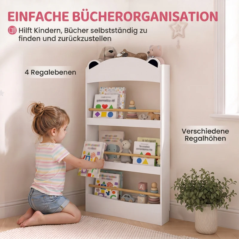 AIYAPLAY Kinderboekenkast, wandgemonteerd boekenrek met 4 vakken, berenvormig ontwerp, 50 x 15 x 97 cm, wit