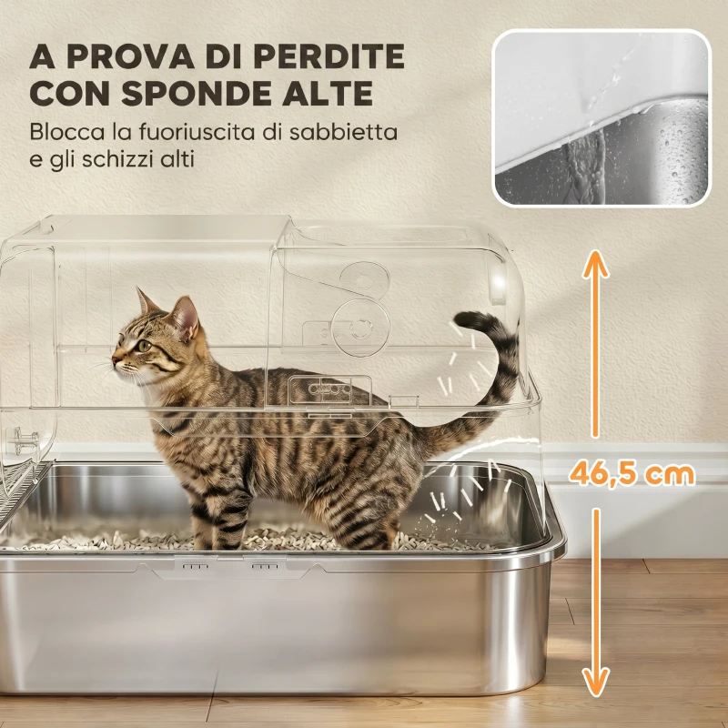 PawHut Lettiera Gatto Chiusa in Acciaio Inox 52L con Coperchio Ribaltabile, Doppia Porta, Paletta, Bianco