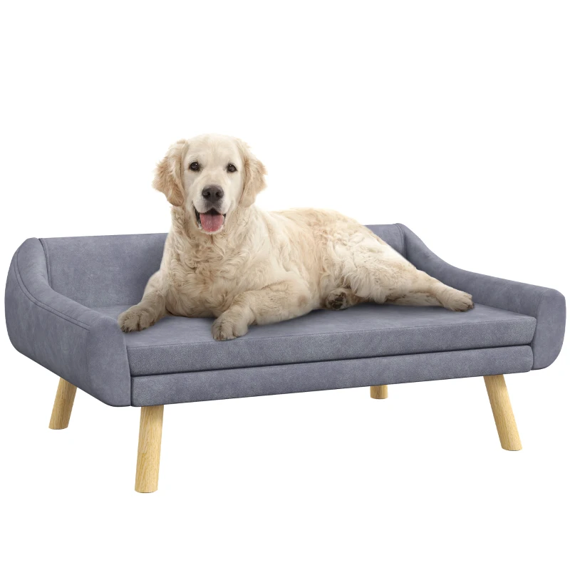 PawHut Hondenbank, Scandinavisch design, met afneembare bekleding in fluweelachtige stof, 102 cm x 58,5 cm x 42,5 cm, Grijs + Natuurlijk(m-11)
