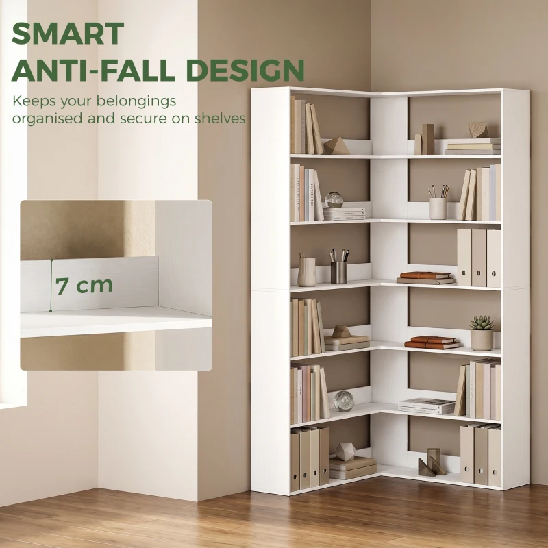 HOMCOM 7 Tiers Bookshelf, L-Shaped Corner Bookcase with Anti-Slip Rear Guard, White Wood Effect