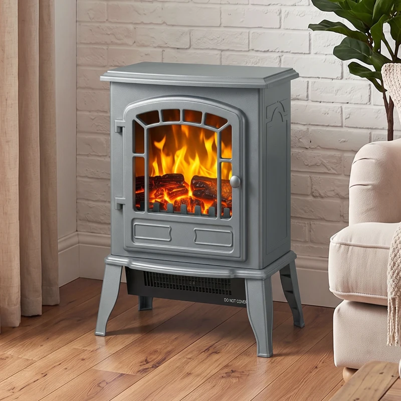 HOMCOM Electric Fireplace Stove, 1000W/2000W, Freestanding Electric Fire with LED Flame Effect, Adjustable Thermostat, Grey