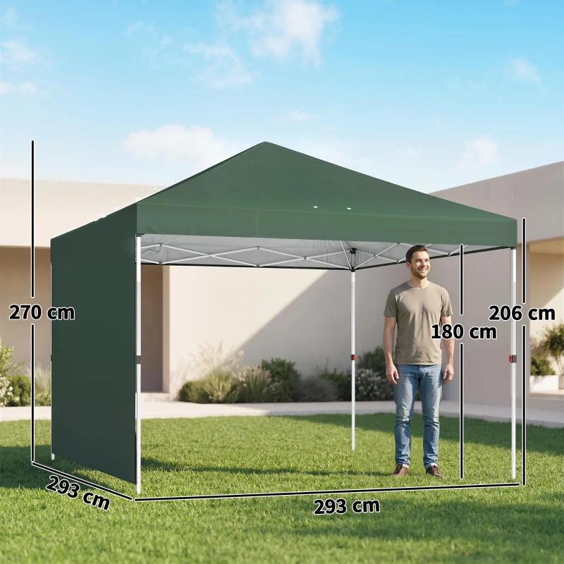 Outsunny Tenda Dobrável 3x3 m Pop-up com Parede Lateral Proteção UPF50+ Empurre Central Altura Ajustável Verde