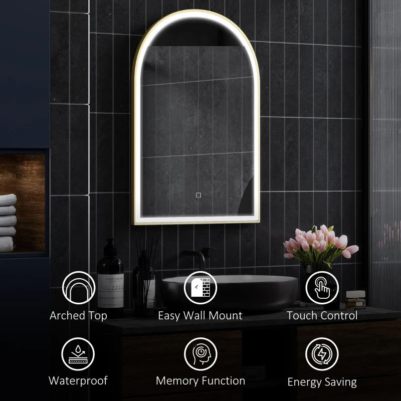 HOMCOM 90 x 60 cm Bathroom Mirror with LED Lights, Anti-Fog Arched Vanity Mirror with 3 Colour Dimmable, Gold Tone