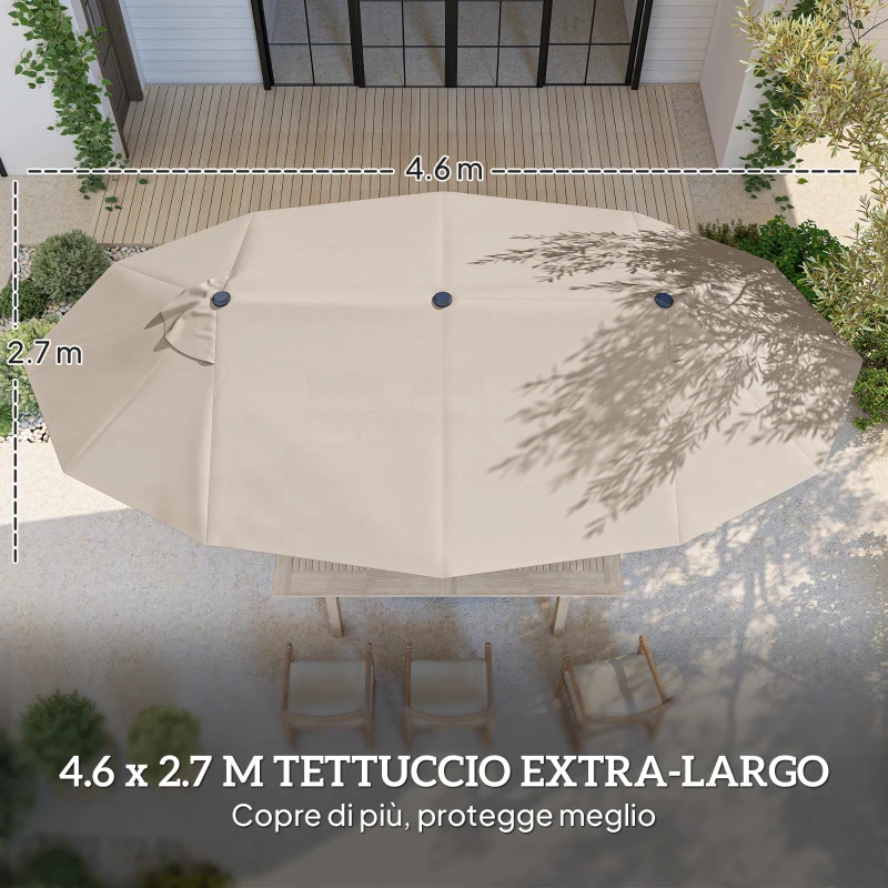 Outsunny Ombrellone da Giardino Doppio a 12 Stecche con Base a Croce e Apertura a Manovella, Ombrellone da Terrazzo con Sacchi di Sabbia, in Acciaio e Poliestere, 455x265x238 cm, Cachi