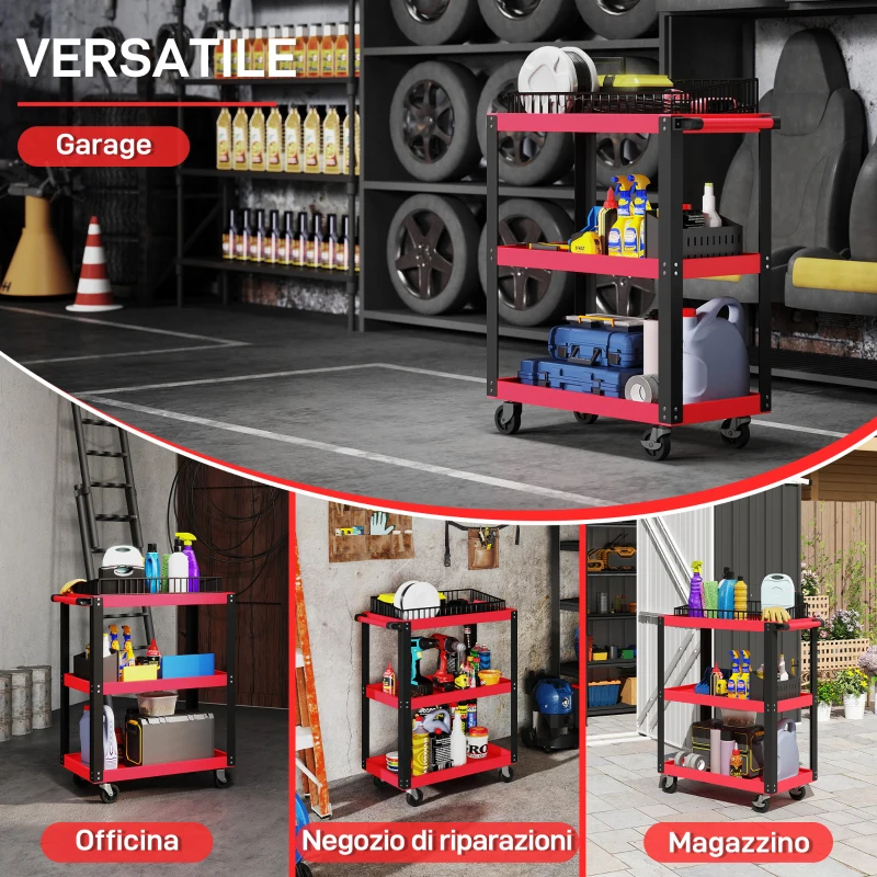 HOMCOM Carrello Porta Attrezzi a 3 Ripiani in Metallo e PP, 70.5x35x82.5 cm, Rosso e Nero