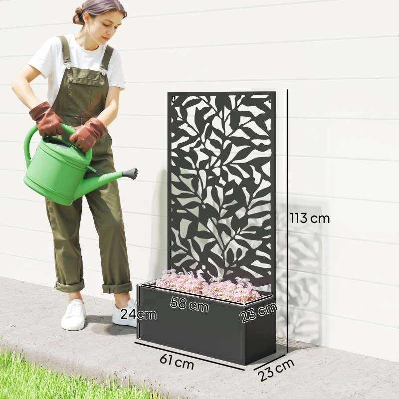 Outsunny Floreira Elevada com Painel de Privacidade de Folhas Decorativas de Metal e Opção de Montagem na Parede 61x23x113 cm Preto