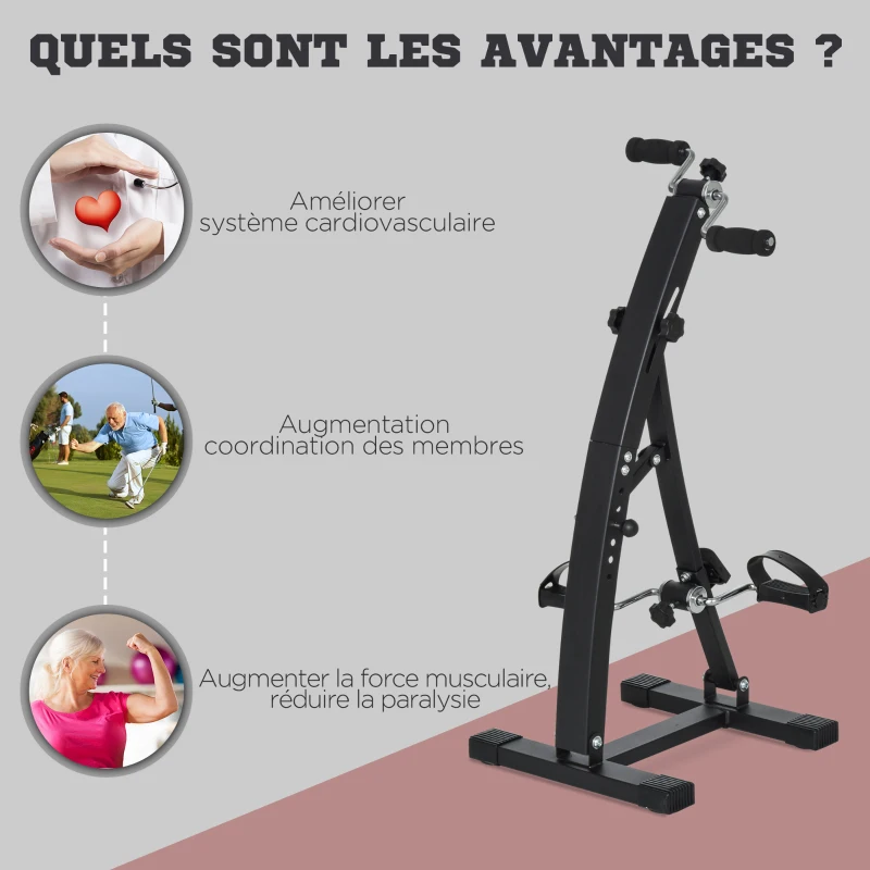 HOMCOM Vélo d'appartement pédalier rééducation bras jambes 40L x 42,5l x 100H cm hauteur guidon réglable noir