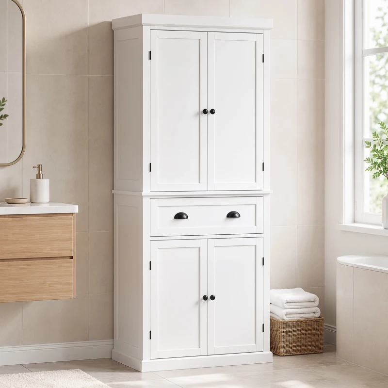 HOMCOM Tall Kitchen Cupboard, 183 cm Freestanding Storage Cabinet with Drawer, 4 Doors and Adjustable Shelves, White
