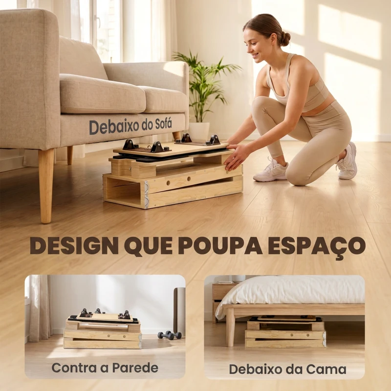SPORTNOW Mini Reformer Pilates com Bandas de Resistência Pegas Roda Abdominal para Treino de Corpo Completo 165x80x10 cm Madeira
