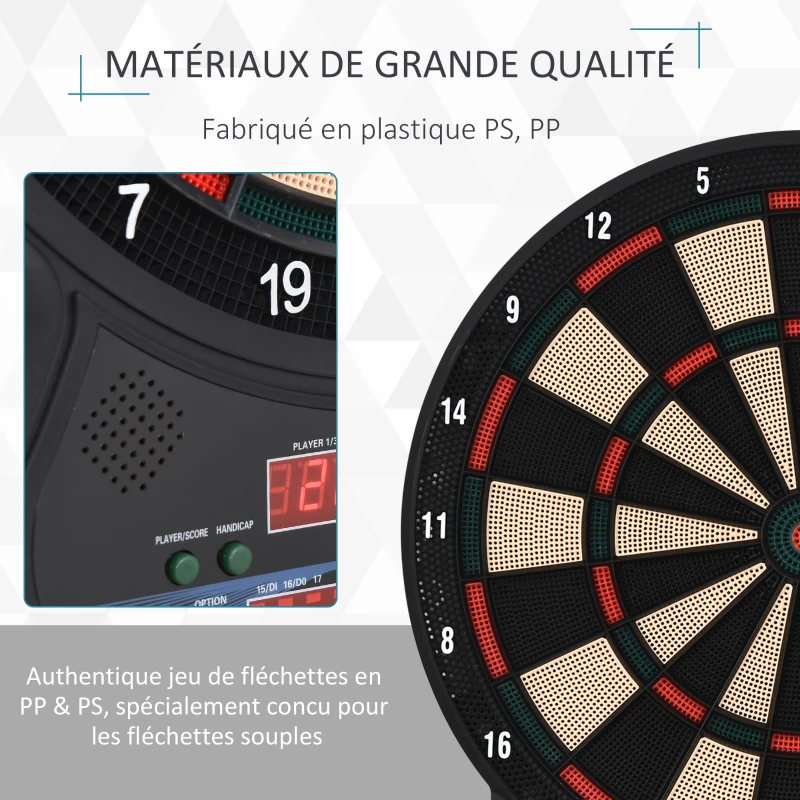 HOMCOM Cible Jeu de fléchettes électronique 27 Jeux Principaux et 202 variations, jusqu'à 8 Joueurs, avec 12 fléchettes Pointes Souples, 30 pointes de rechange, Affichage LED Noir