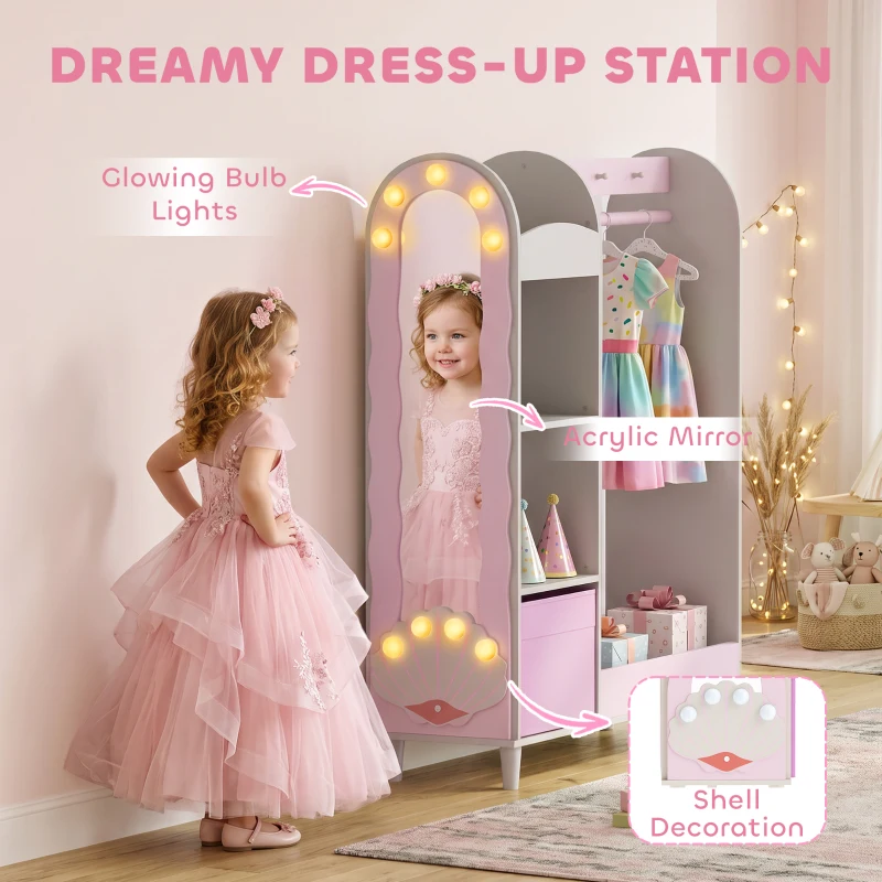 AIYAPLAY Kids Clothing Rack, Kids Wardrobe with Glowing Lights Mirror, Non-Woven Drawer and Shelves for Bedroom, Ages 3-8, Pink