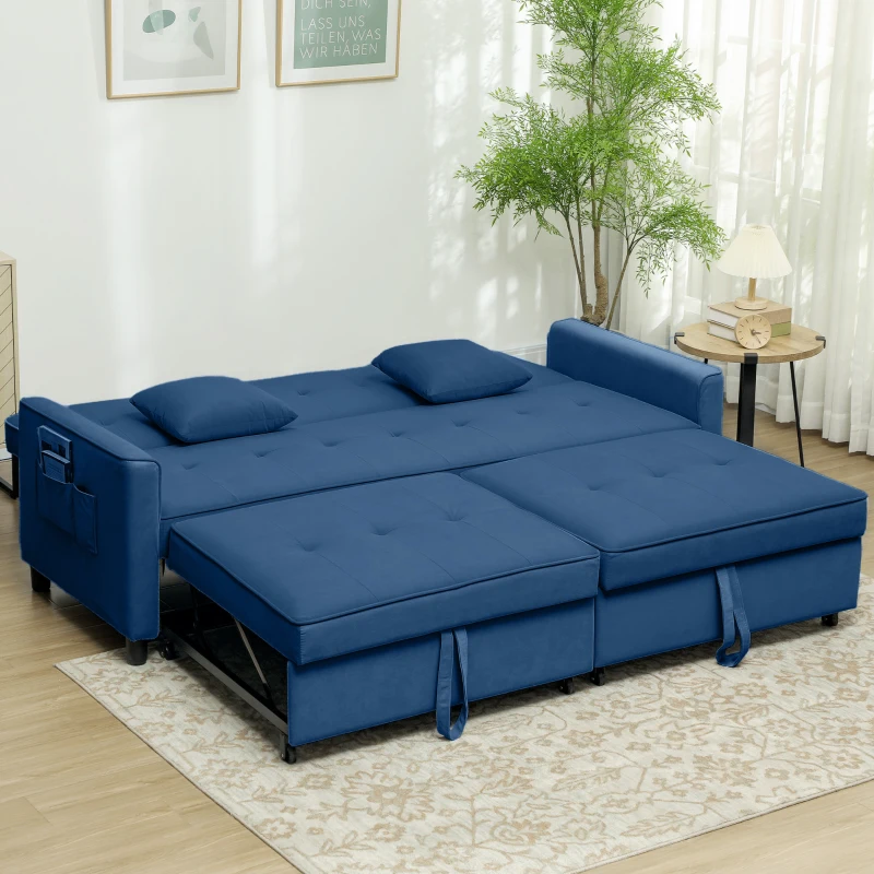 HOMCOM Three-Person Velvet-Feel Sofa Bed - Blue