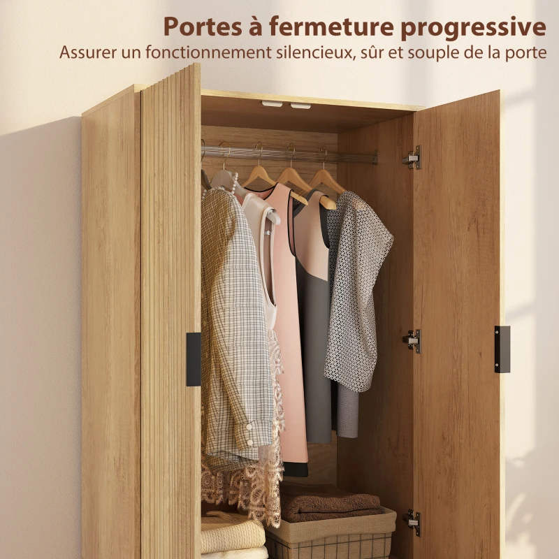 HOMCOM Armoire chambre penderie avec 2 portes à fermeture douce, 2 tiroirs et barre de suspension, 80x50x180cm, bois naturel