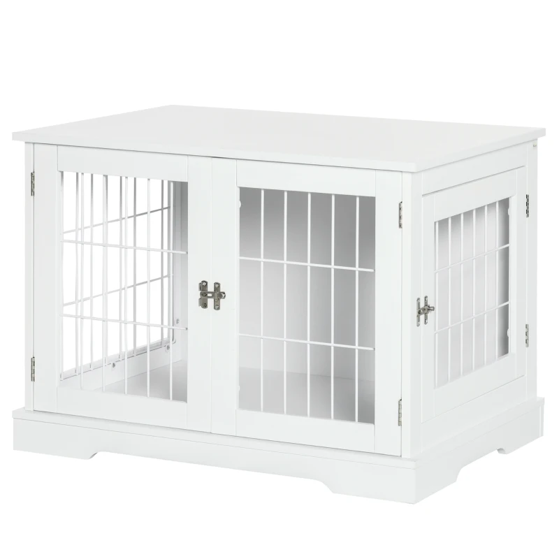 PawHut Gaiola para Cães Pequenos de Madeira 76x54,5x56cm Gaiola com Superfície de Mesa com 2 Portas e Grade de Aço Branco