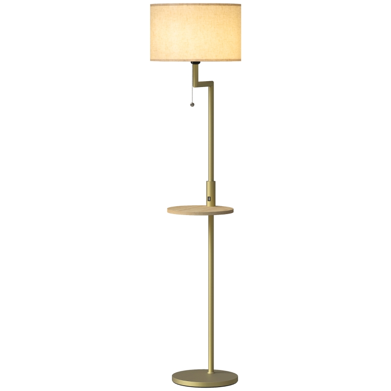 HOMCOM Lámpara de Pie Moderna con Estante Pantalla de Lino Interruptor de Cadena y Puerto USB Ø40x170 cm para Salón Dorado