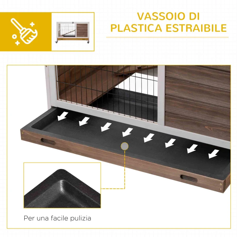 PawHut Conigliera in Legno con 4 Ruote, Casetta per Conigli e Rampa, 90x53x59cm, Marrone