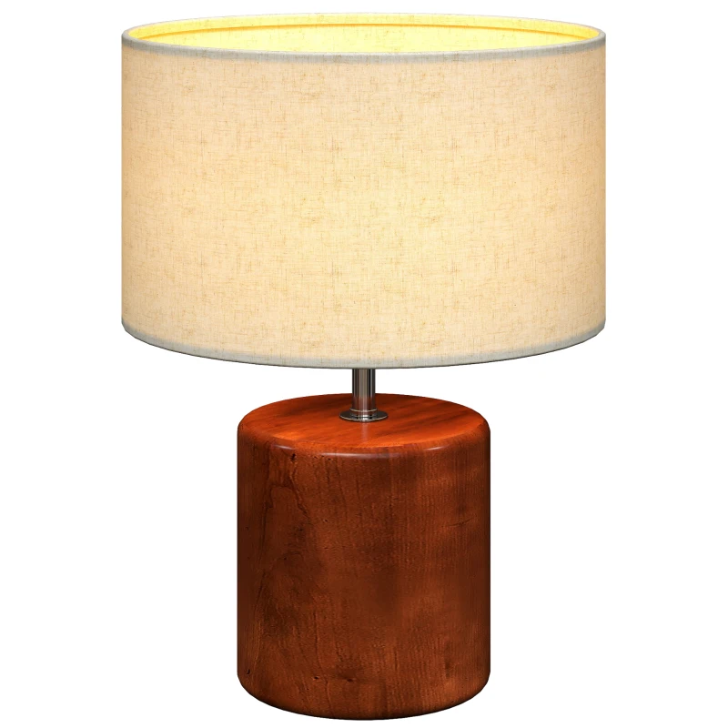 HOMCOM Candeeiro de Mesa Rústico com Base de Madeira Ecrã de Linho Interruptor Basculante E27 40W Ø20x27 cm Madeira e Bege