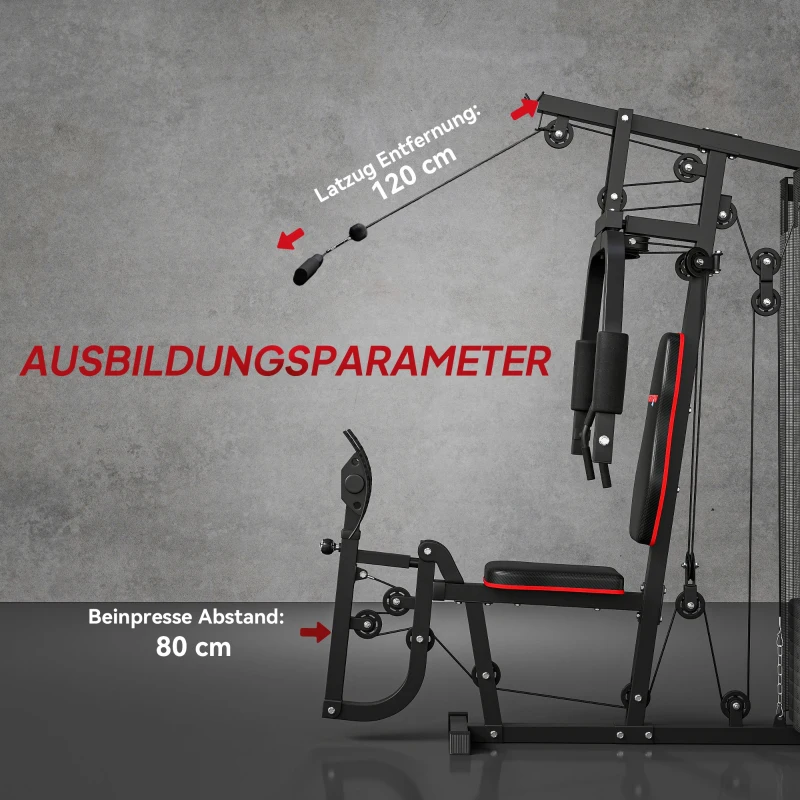SPORTNOW Heim-Fitnessstation mit 45 kg Gewichtsblöcken, Hochseilzug, Bruststation, Beinpresse für vielseitiges Training(m-7)