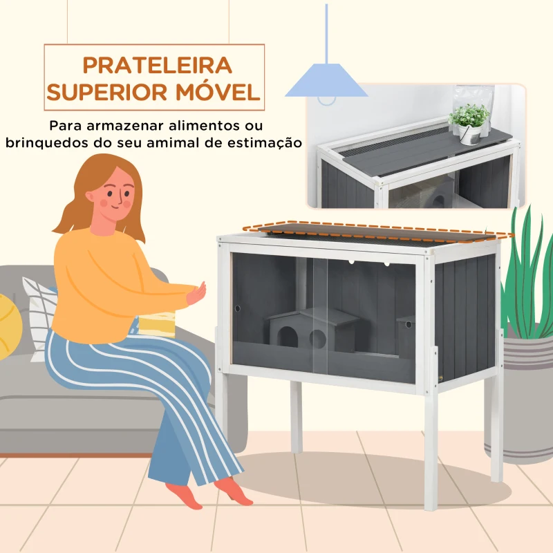PawHut Gaiola para Hamster de Madeira com 2 Portas de Acrílico Prateleira Amovível 2 Casas 82x45x81cm Cinza e Branco