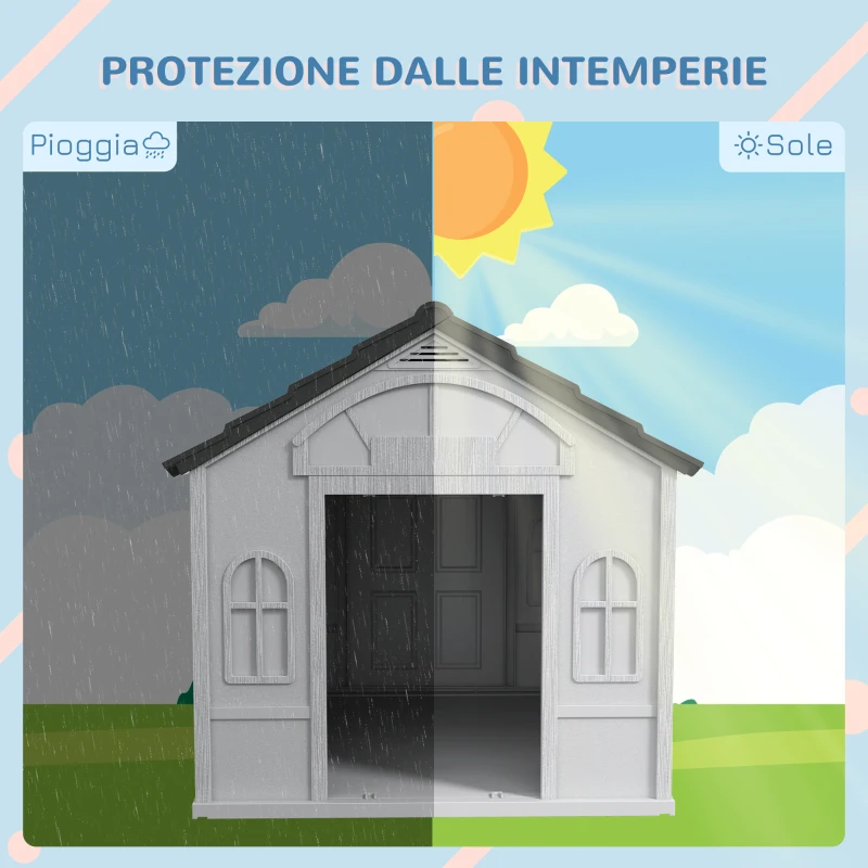 PawHut Casetta per Cani in PP Impermeabile con Tetto Inclinato e Porta di Ingresso, 84.2x98.2x82 cm, Grigio