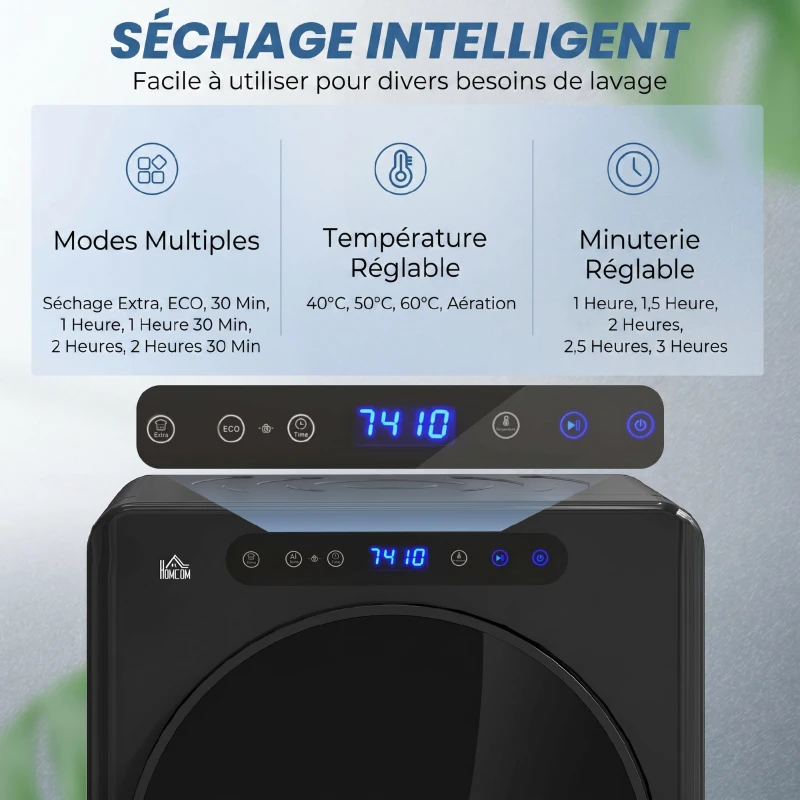 HOMCOM Sèche linge à évacuation, sèche-linge électrique 1000 W 3 Kg, modes Extra Dry et ECO, minuterie, acier inoxydable, noir