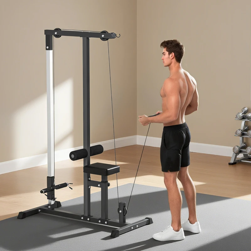 HOMCOM Stazione Fitness Pull Down da Casa con Panca e Cavo Regolabile, in Acciaio 107x120x190cm Nero