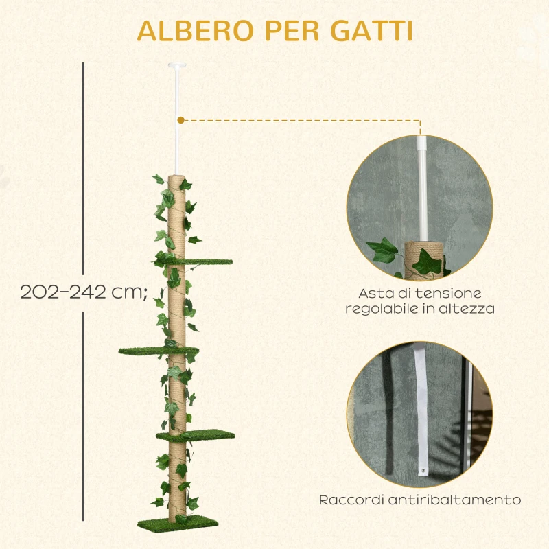 PawHut Albero Tiragraffi per Gatti a Soffitto Alto 202-242 cm Regolabile con Asta di Tensione, Verde